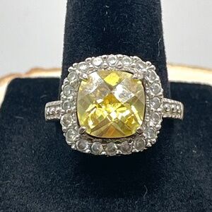 Costume Cocktail Ring Silver Tone Citrine Color CZ & Rhinestone 8 3/4